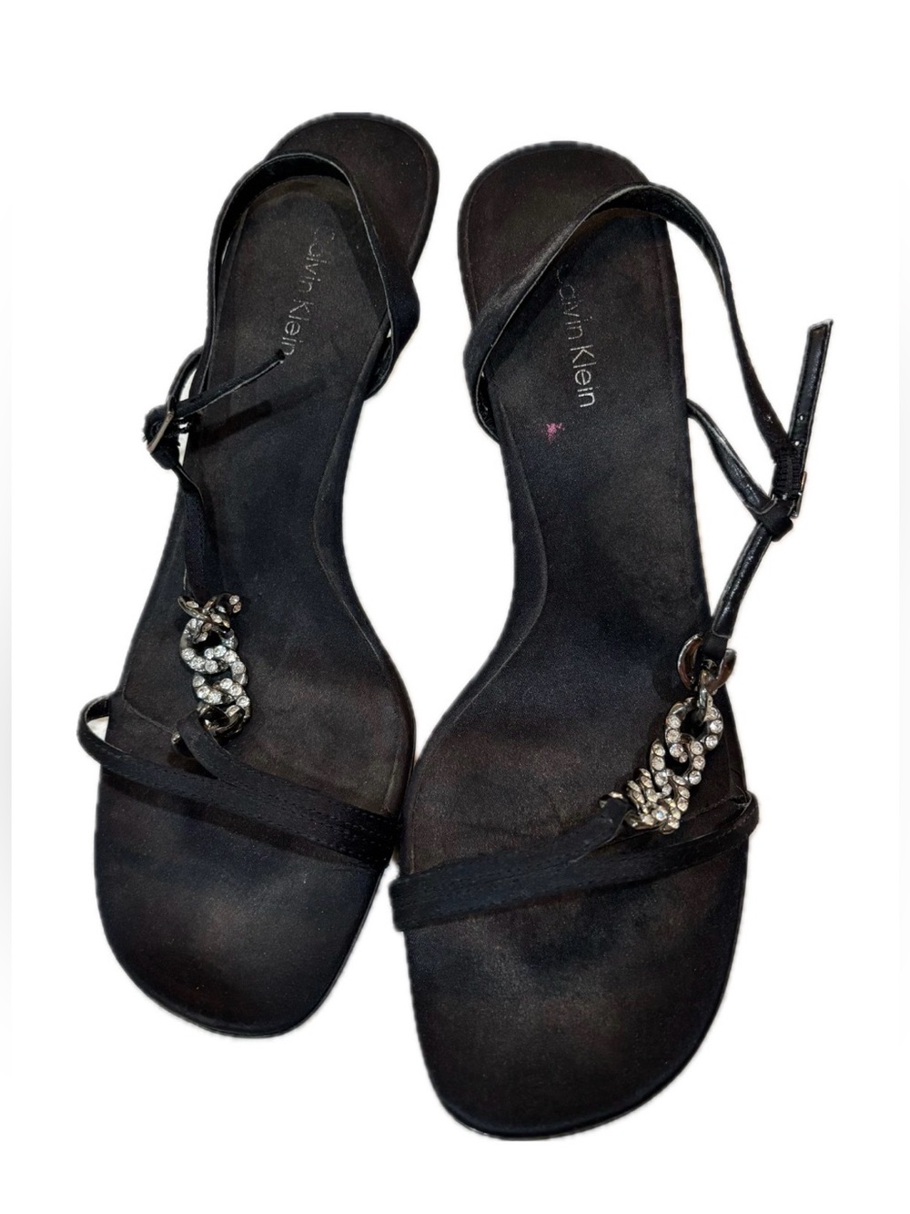Vintage Calvin Klein Black Satin Rhinestone-Strap Women's Sandals